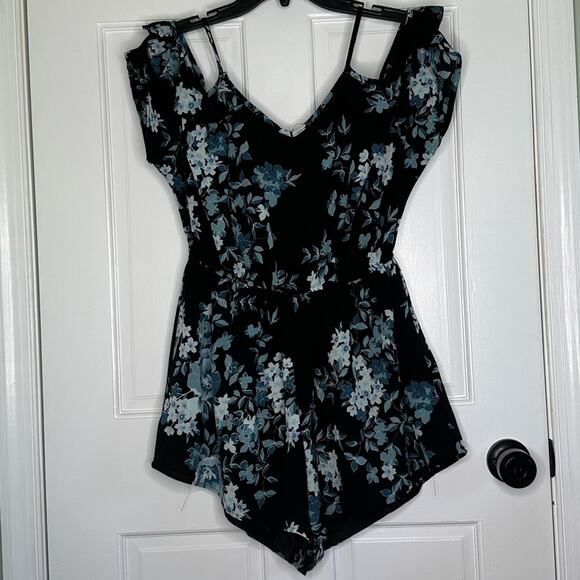 Black Blue Floral Aqua Cold Shoulder Wrap Spaghetti Strap Tie Romper C27 - Picture 11 of 11